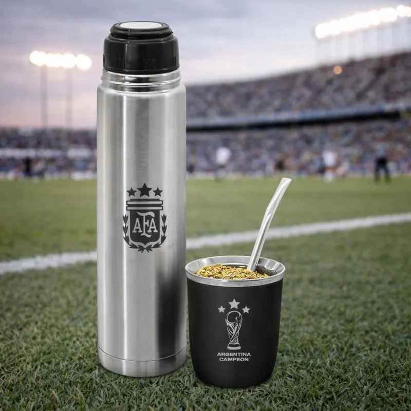 Termo plateado y mate viajero clubes fútbol